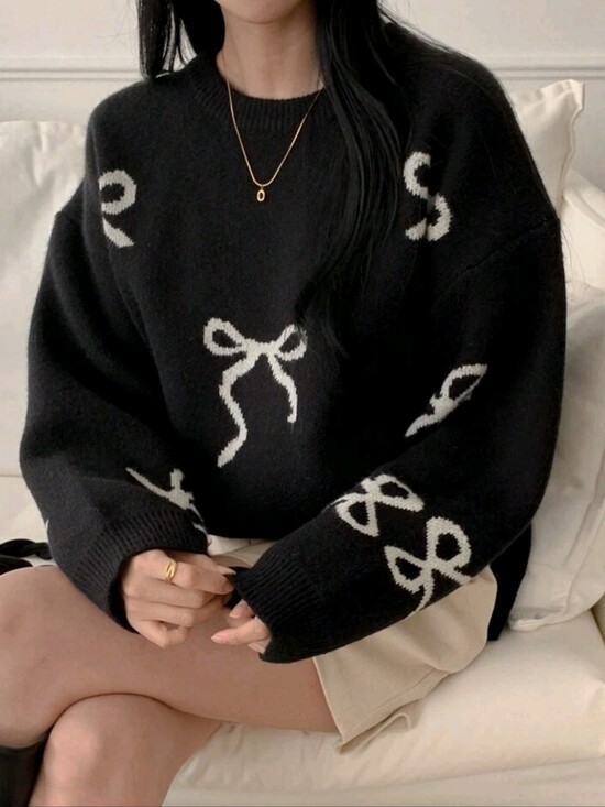 Sweaters - Black Bow-Pattern Crewneck Sweater - Women